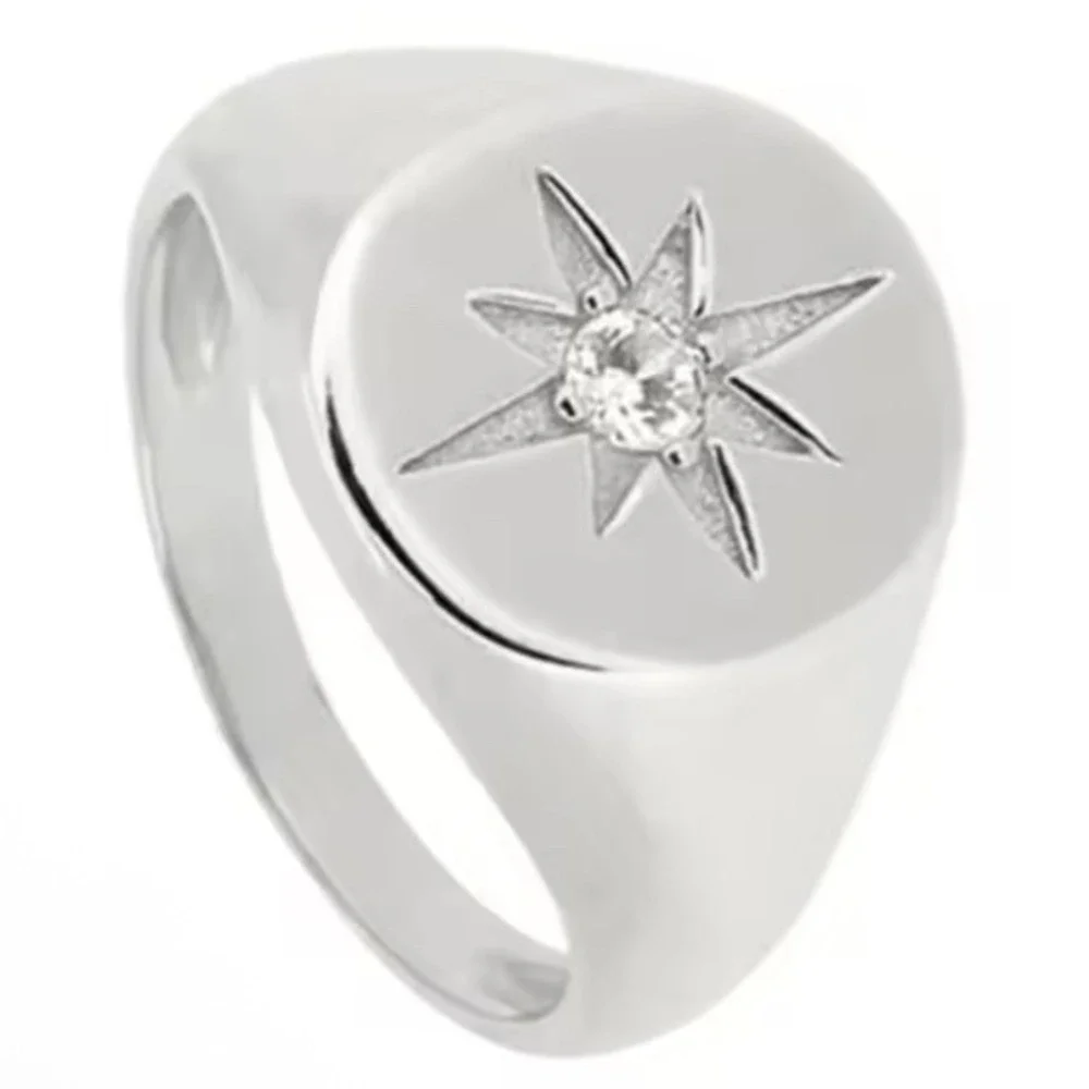 NEW Lg Sterling Silver Star Signet Ring Cubic Zirconia Starburst‎ 925 Adjustable